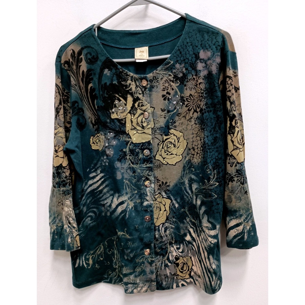 Jess & Jane Wearable Art Cardigan Womens Large Teal Floral Rhinestone Cotton